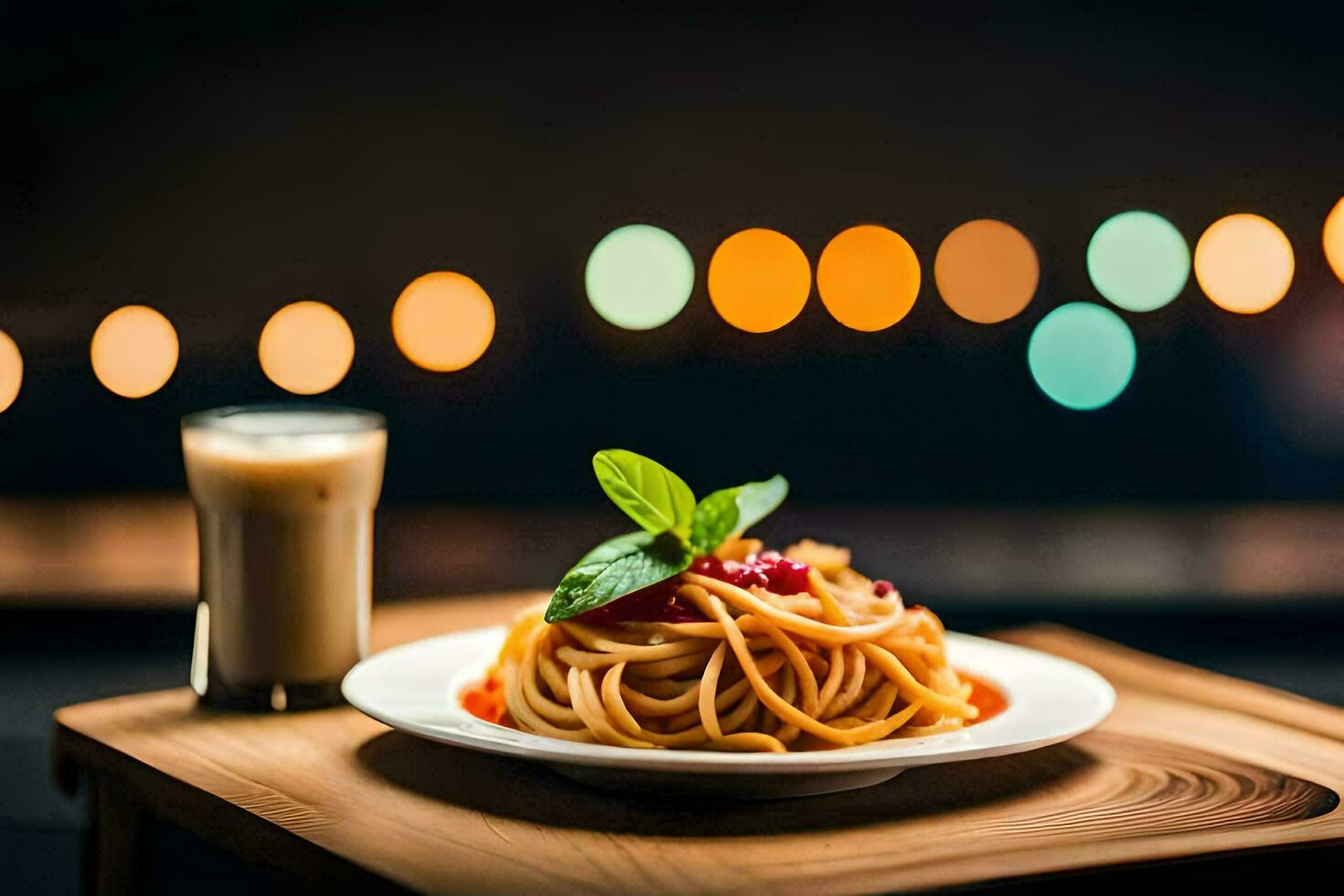 espaguetis y un vaso de Leche en un de madera mesa. generado por ai foto