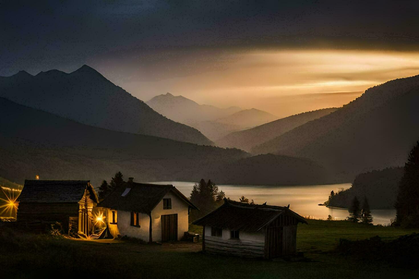 photo wallpaper the sky, mountains, lake, house, the dark, the mountains, the lake. AI-Generated