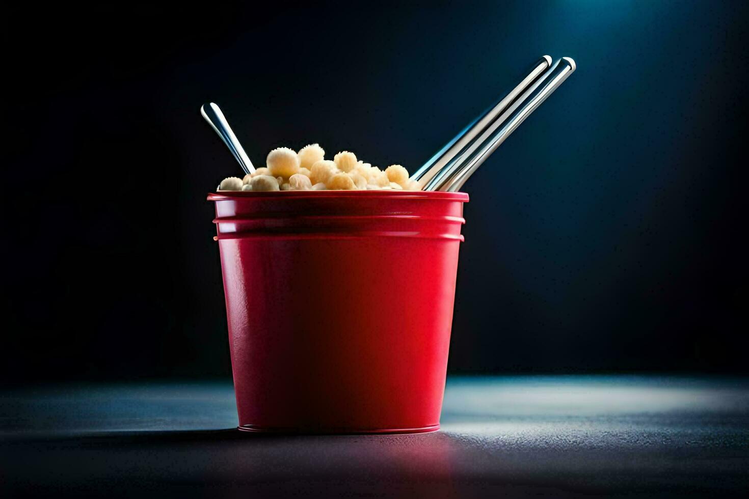 a red cup filled with macaroni and two metal forks. AI-Generated photo
