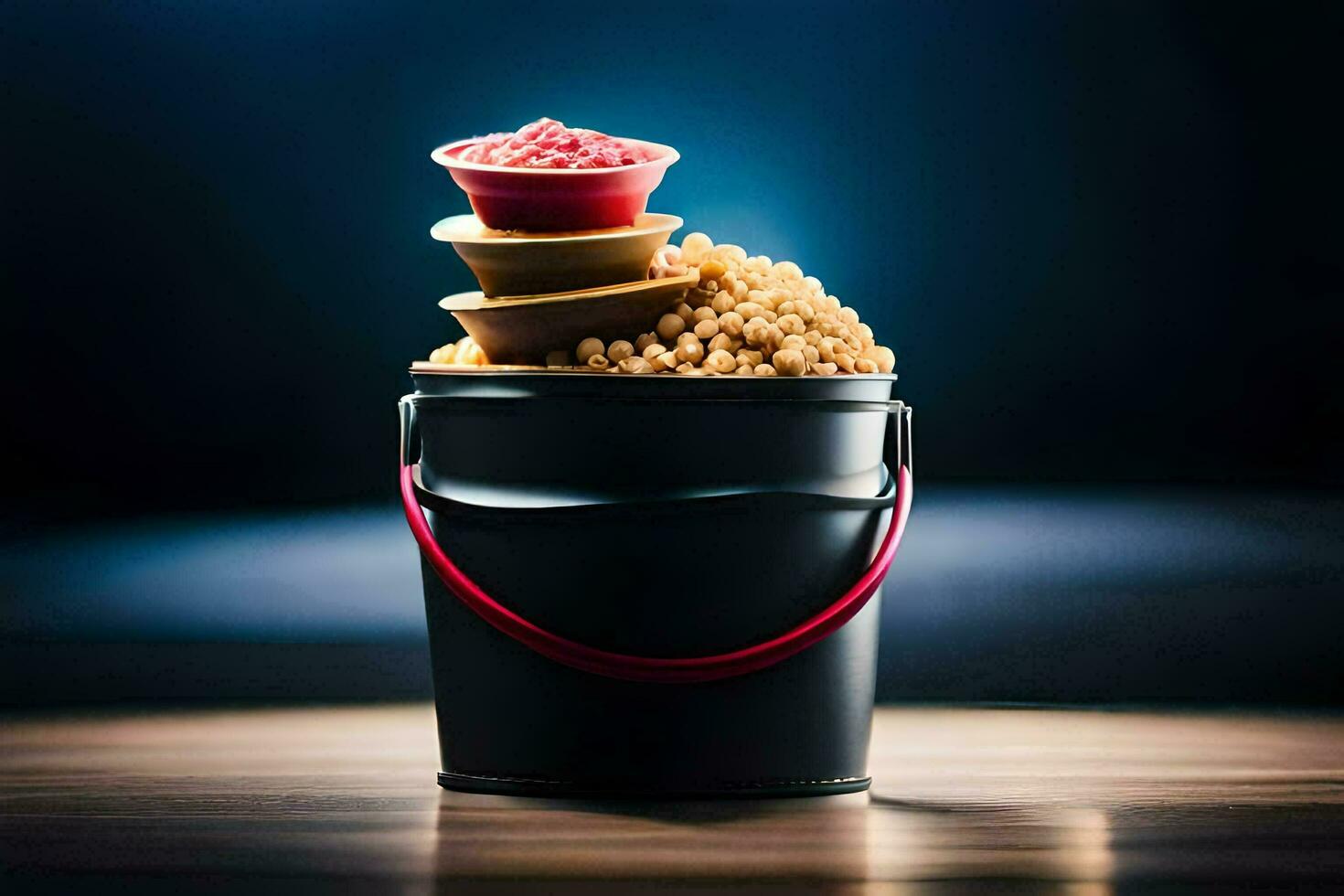 a bucket filled with food on a table. AI-Generated photo