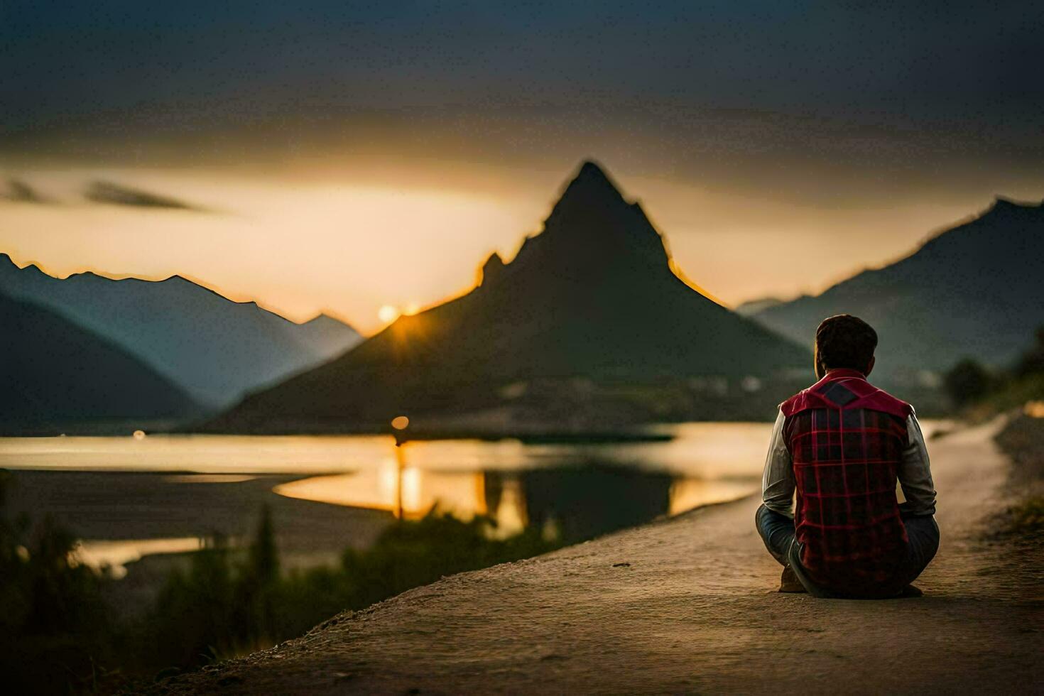 a man sitting on the side of a road looking at the sunset. AI-Generated photo
