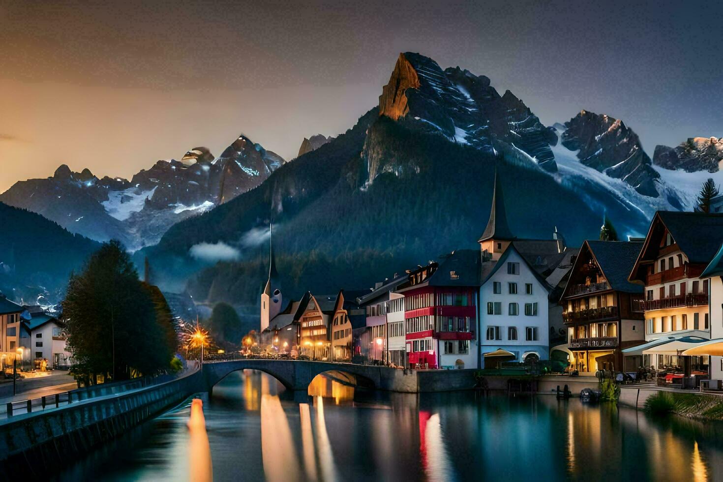 photo wallpaper the sky, mountains, water, town, river, mountains, europe, sw. AI-Generated
