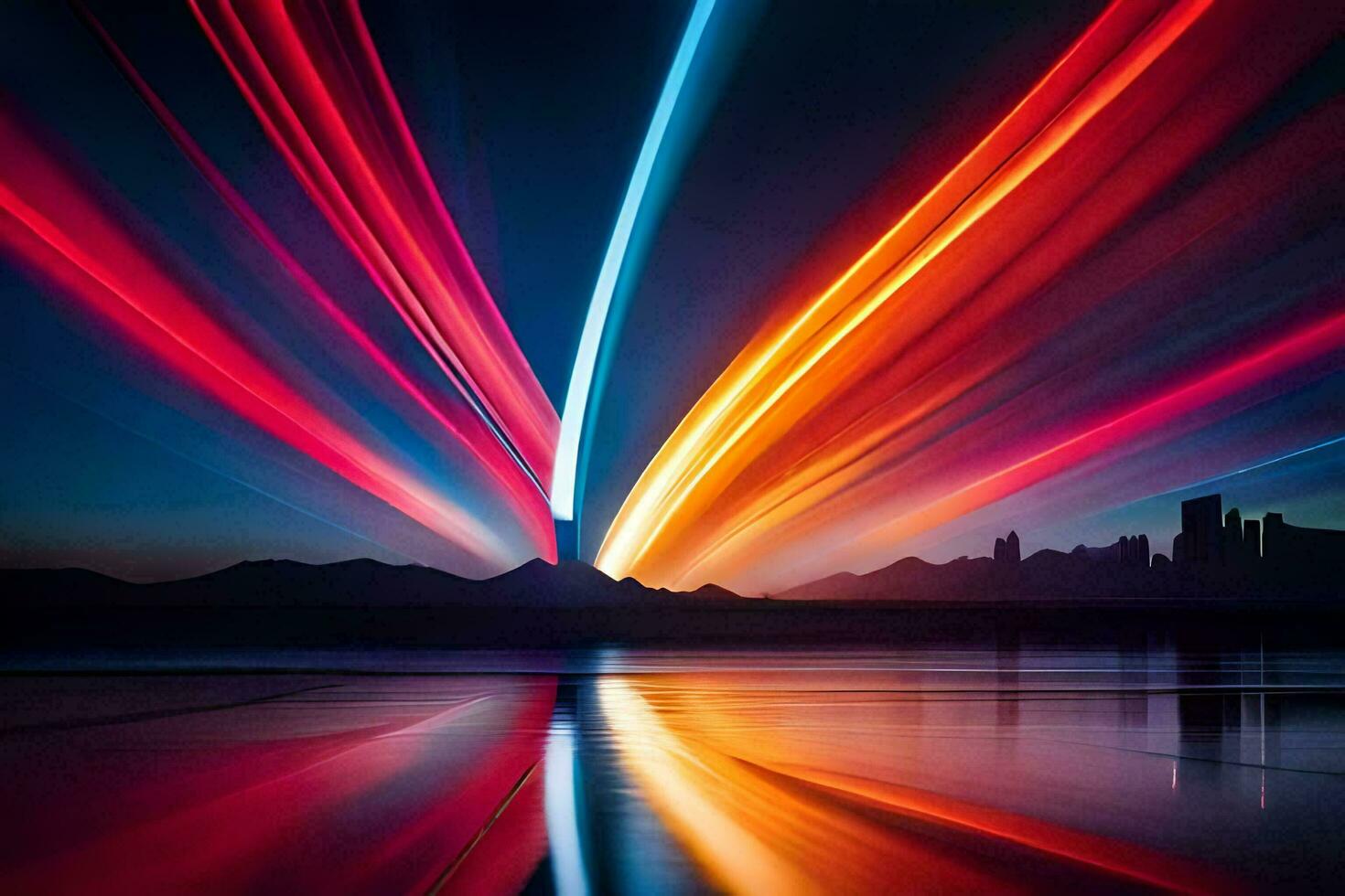 colorful light streaks in the sky over a lake. AI-Generated photo