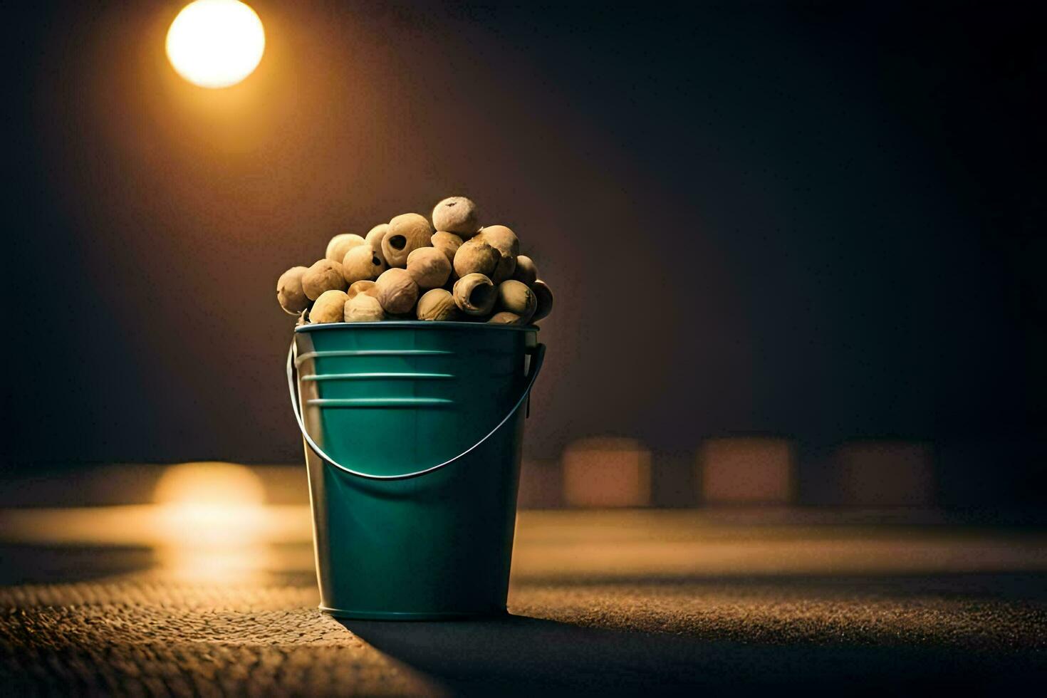 a bucket filled with nuts on a table. AI-Generated photo