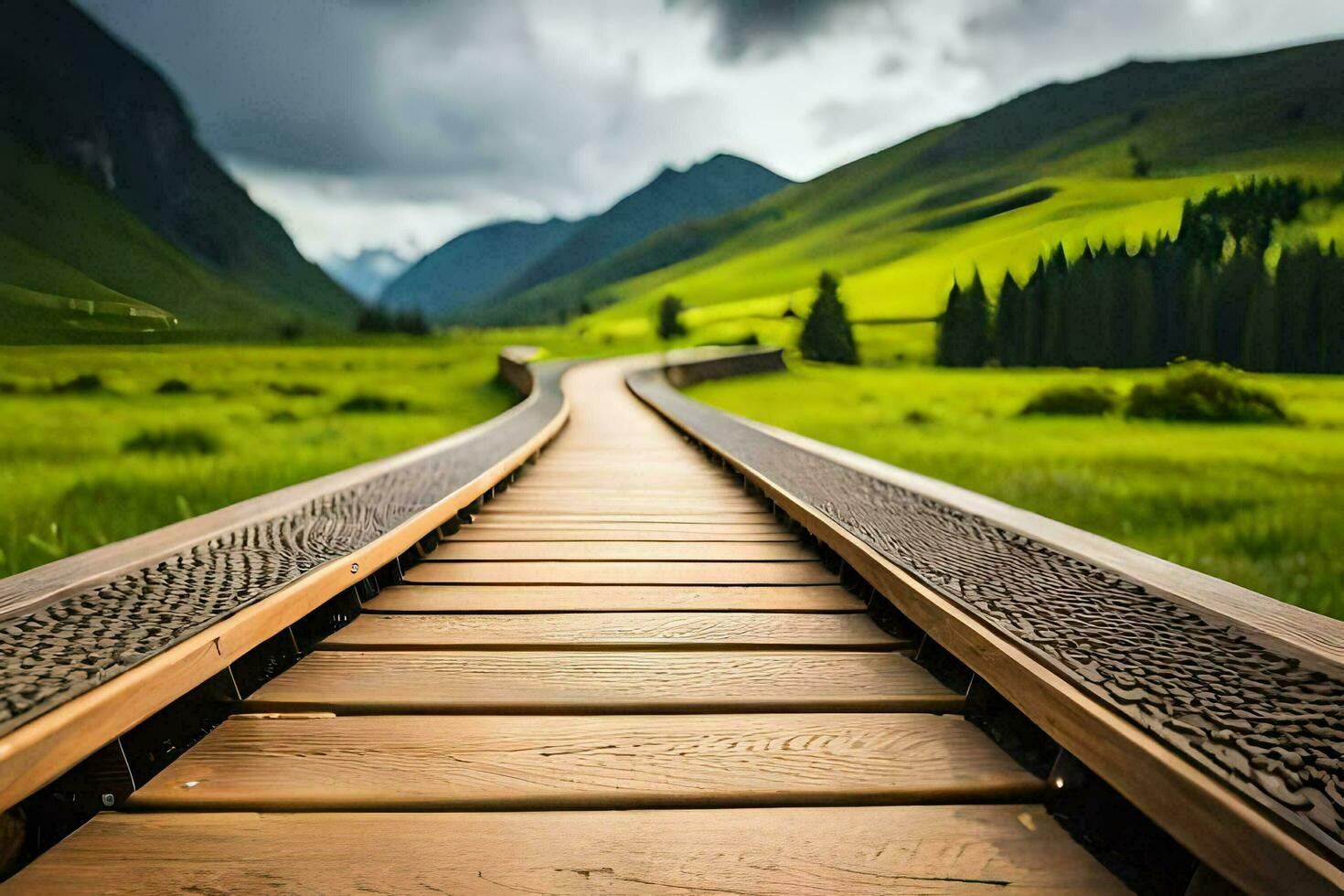 a wooden walkway in the middle of a green field. AI-Generated photo