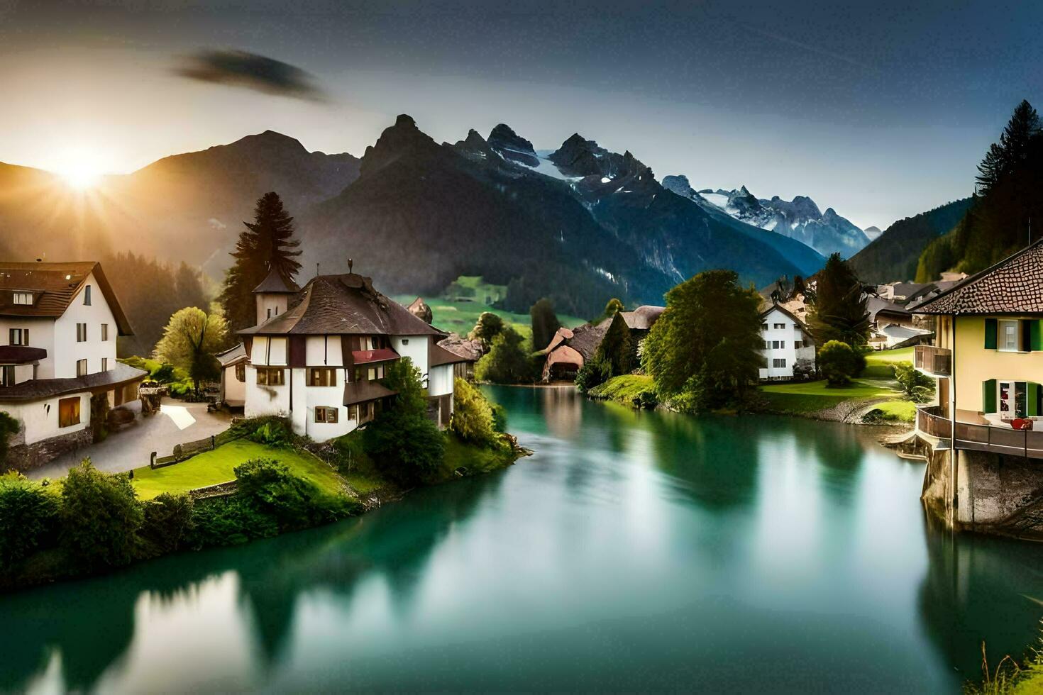 a river runs through a village in the mountains. AI-Generated photo