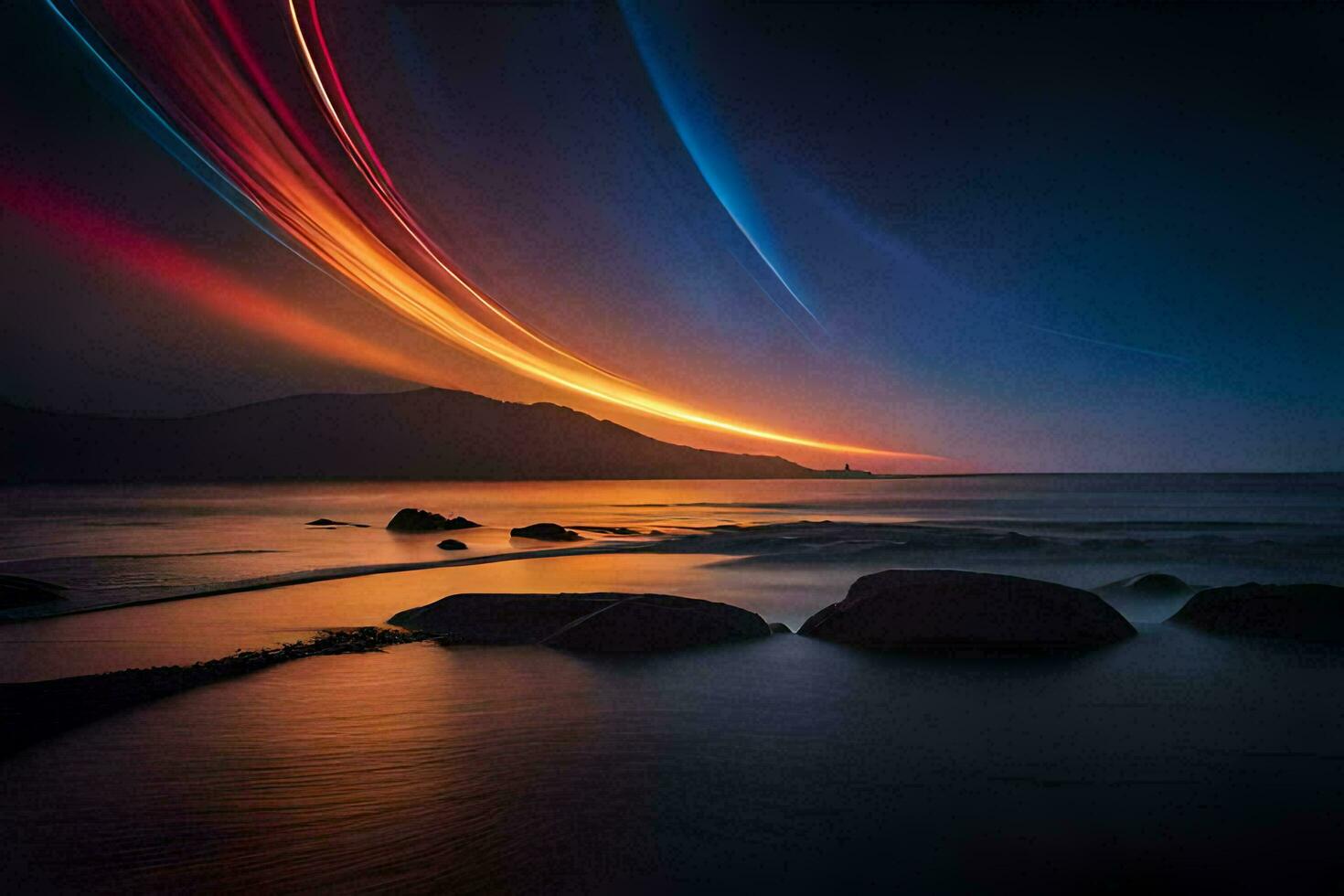 a long exposure photograph of a colorful light trail over the ocean. AI-Generated photo