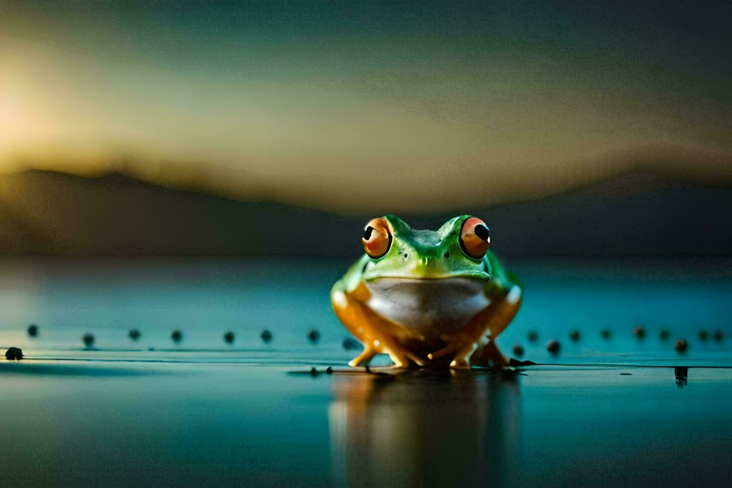 a frog sitting on the water with the sun in the background. AI-Generated photo