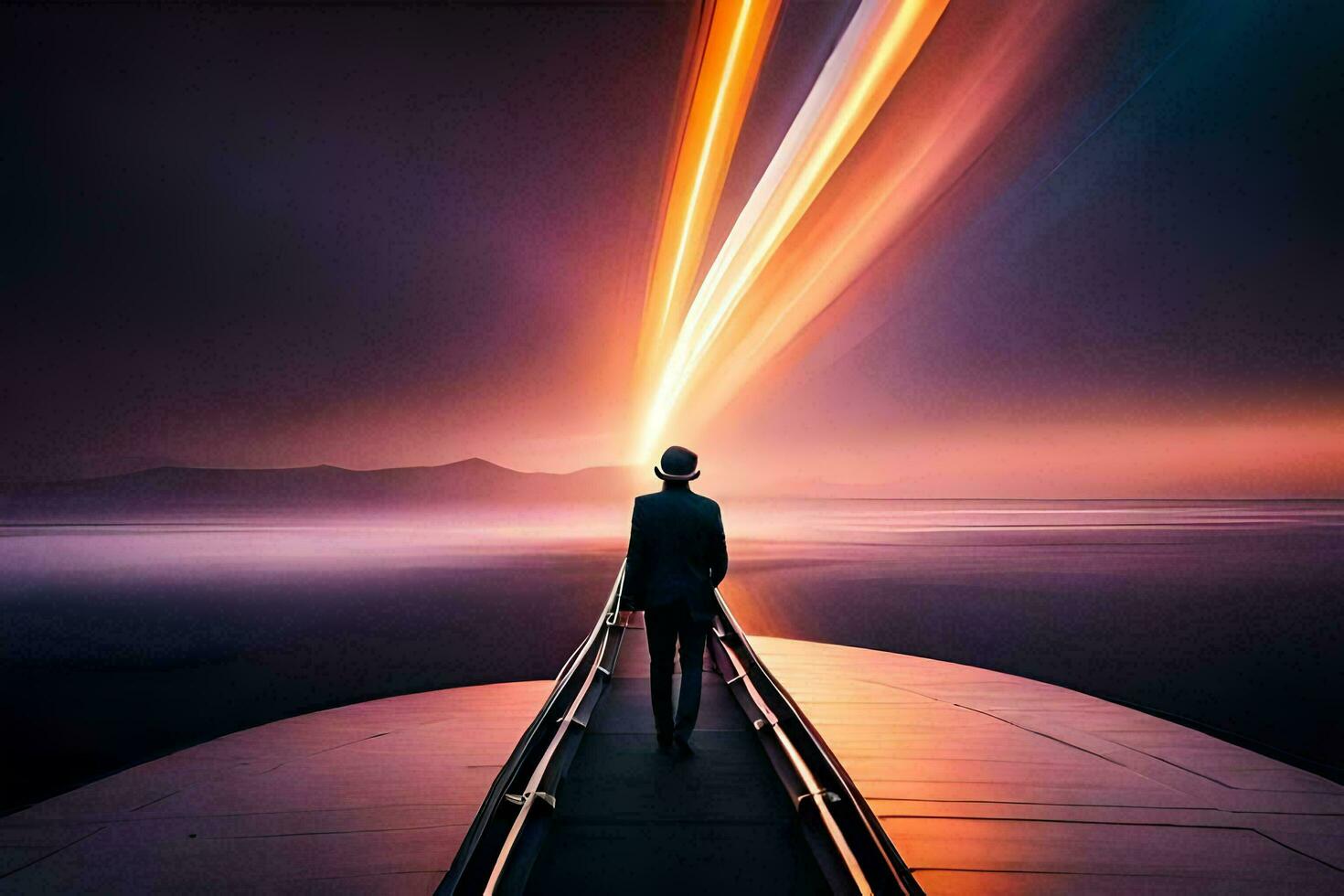 a man standing on a bridge looking at the sky. AI-Generated photo