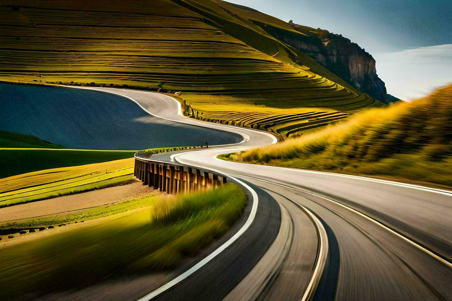 un largo exposición fotografía de un devanado la carretera. generado por ai foto