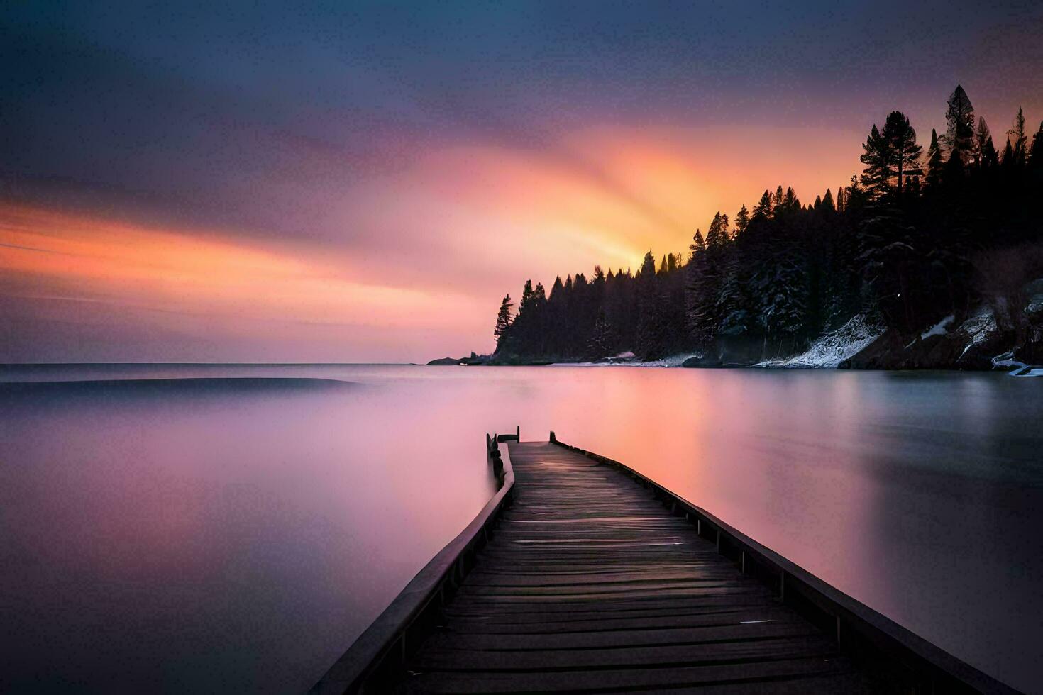 a long exposure photograph of a dock stretching out into the water. AI-Generated photo