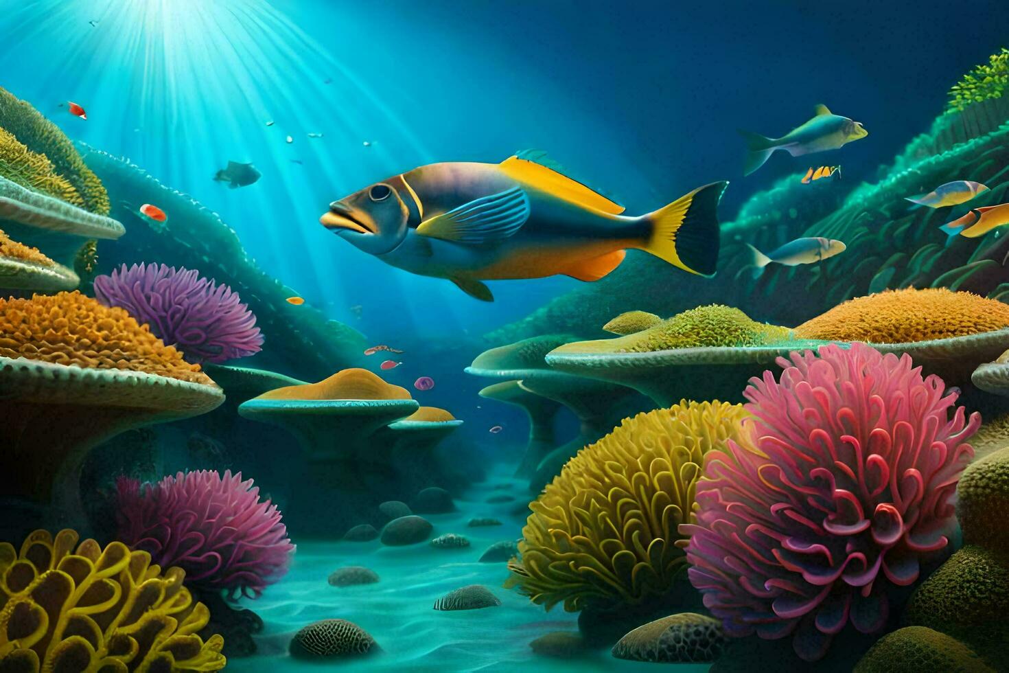 fish swimming in the ocean with coral reefs and other fish. AI-Generated photo