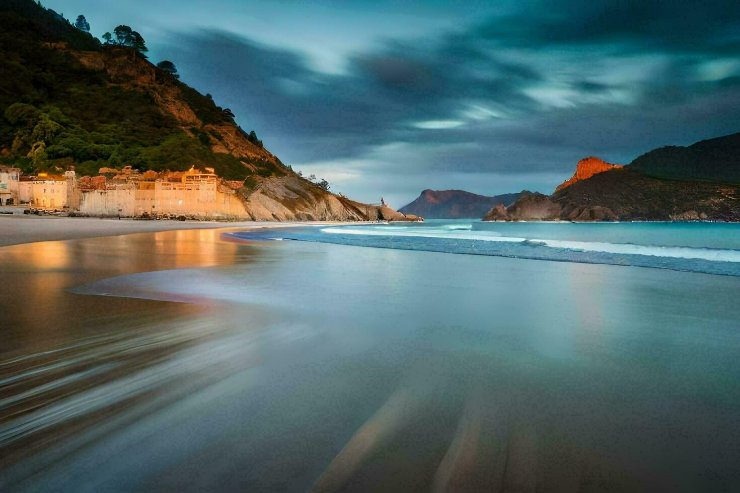 the beach at sunset with a house on the shore. AI-Generated photo