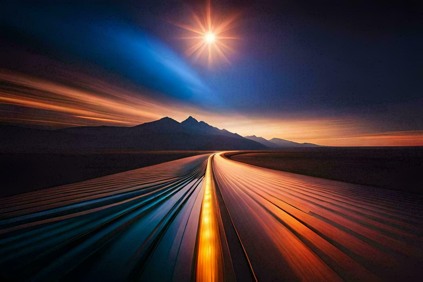 a long exposure photograph of a road with mountains in the background. AI-Generated photo