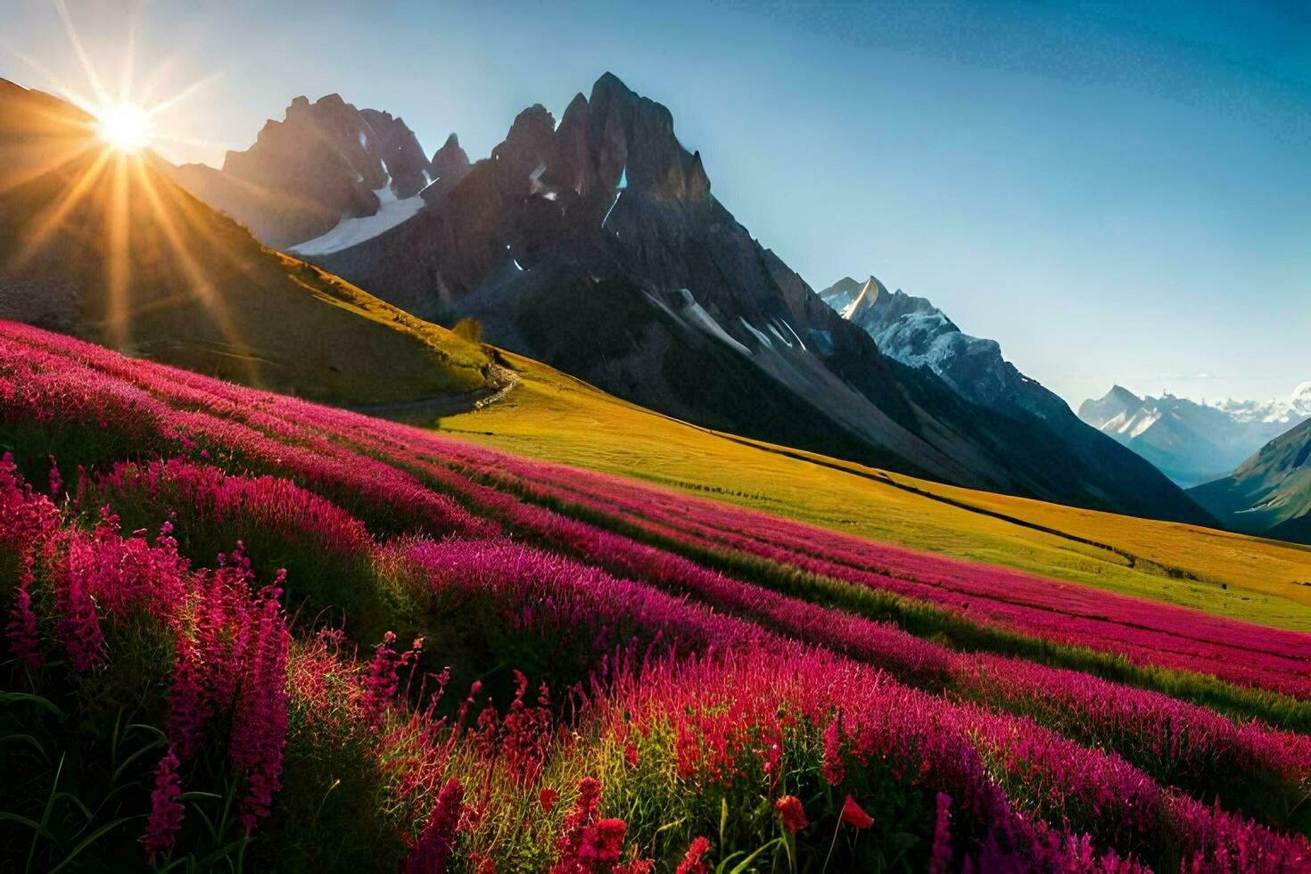 the sun shines over a field of pink flowers in the mountains. AI-Generated photo