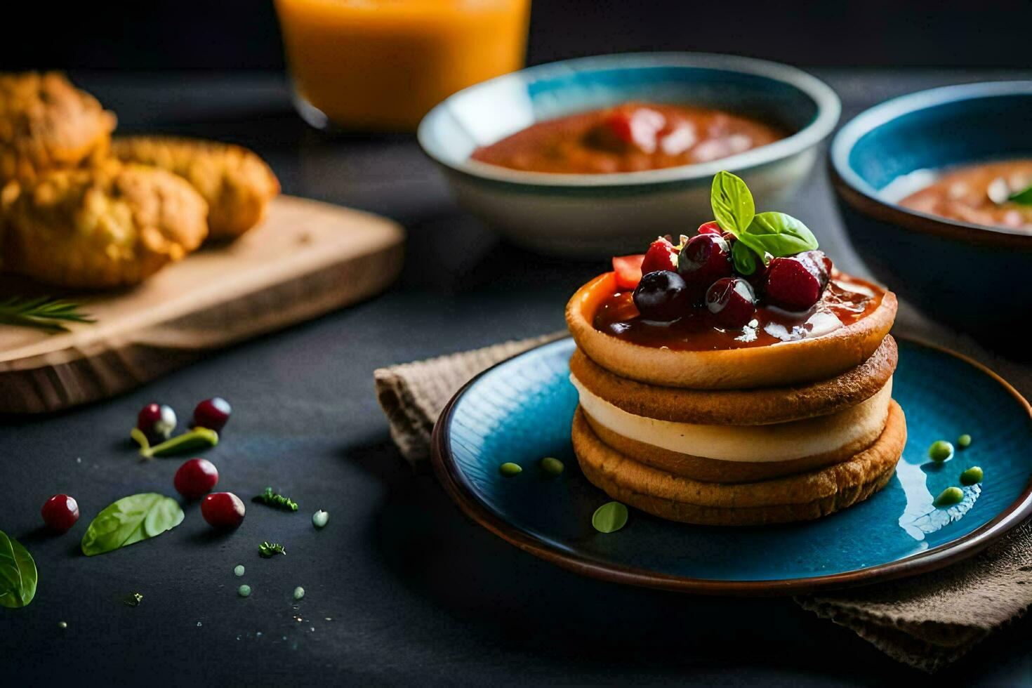 a stack of pancakes with cranberry sauce and berries. AI-Generated photo