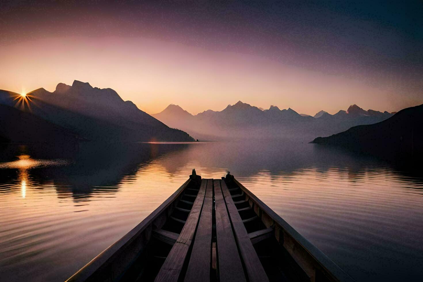 a boat is docked in the middle of a lake at sunset. AI-Generated photo
