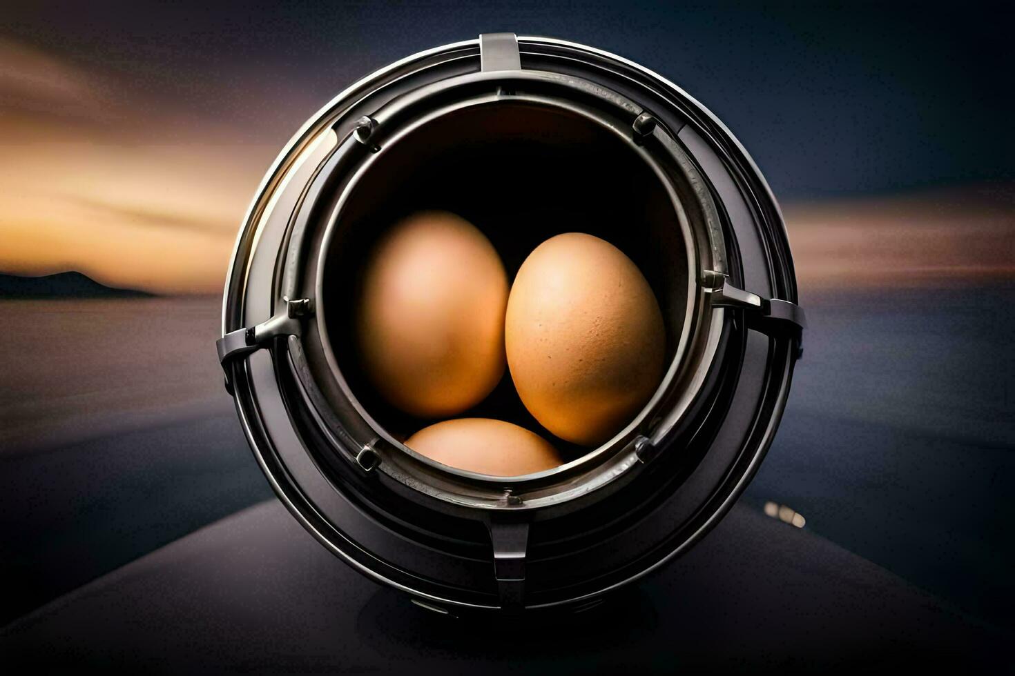 three eggs in a metal container with a sunset in the background. AI-Generated photo