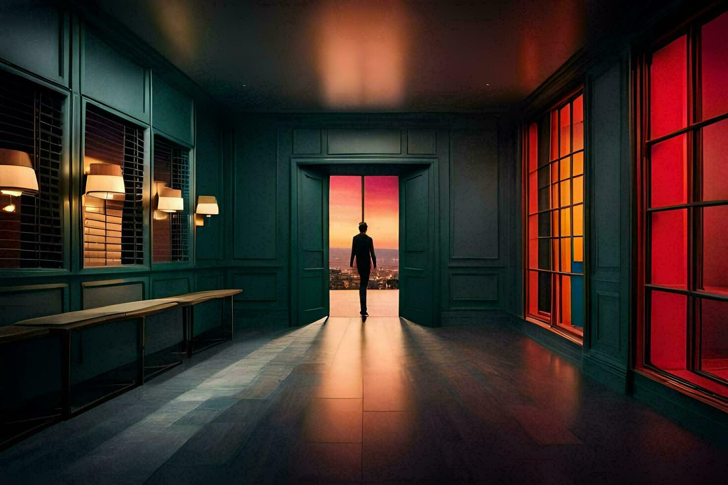 a man standing in an empty hallway with red and blue lights. AI-Generated photo