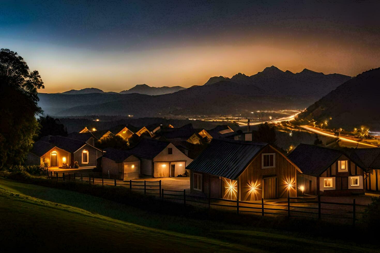 un pueblo a noche con montañas en el antecedentes. generado por ai foto