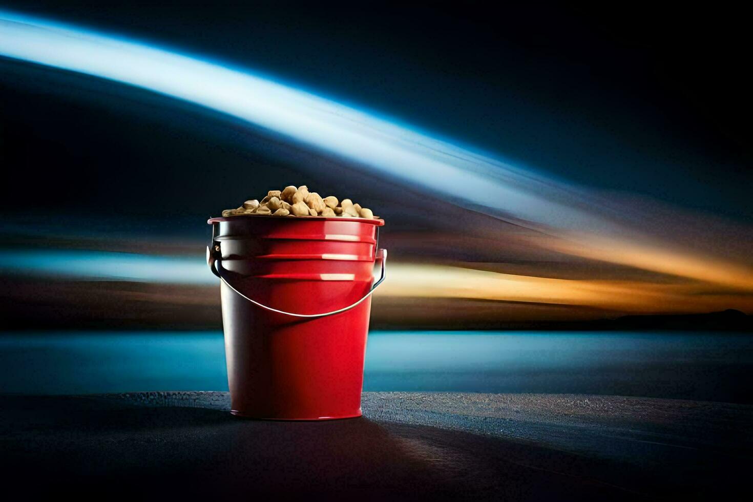 a red bucket filled with peanuts sitting on a table. AI-Generated photo