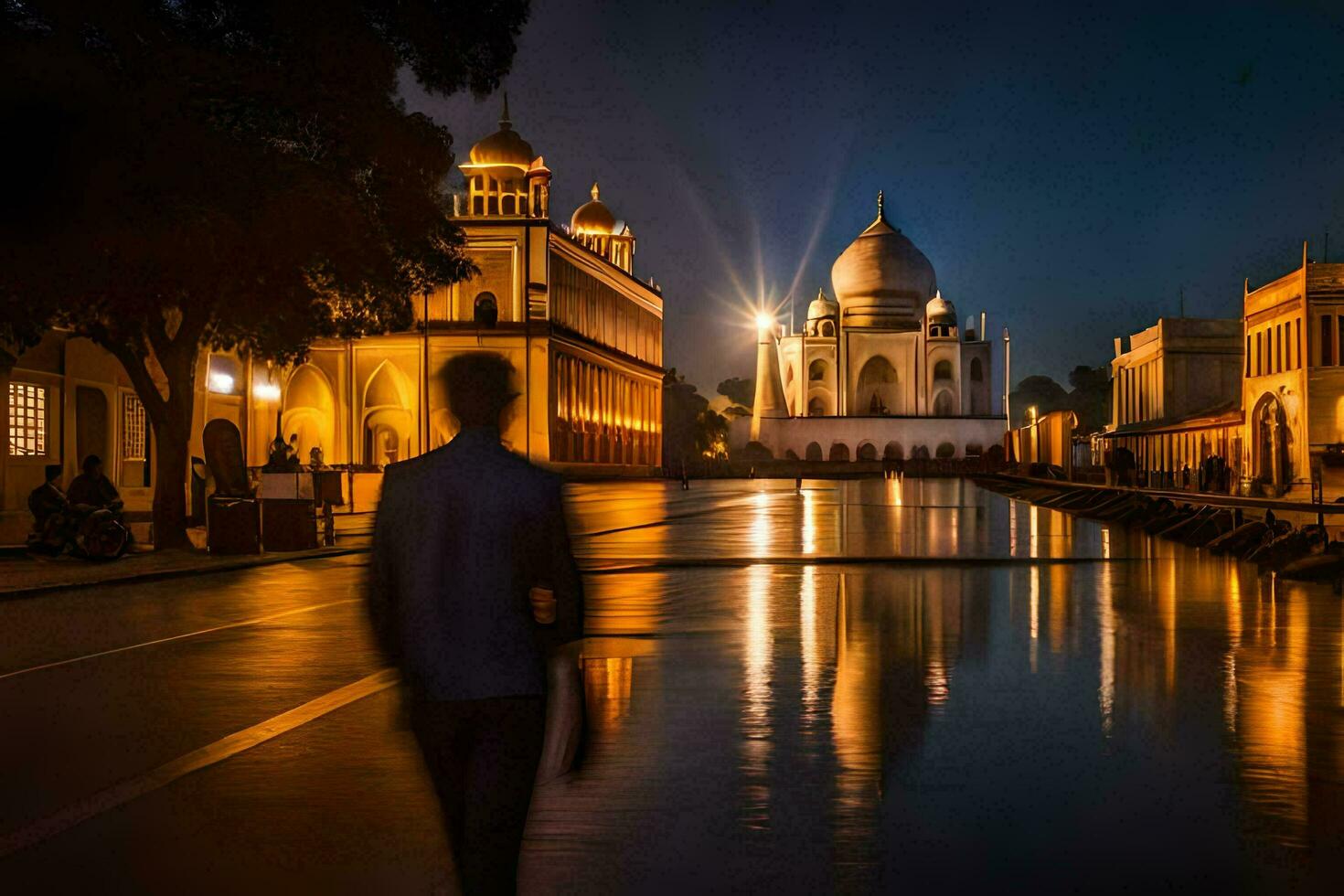a man walks along a waterway at night with the taj mahal in the background. AI-Generated photo
