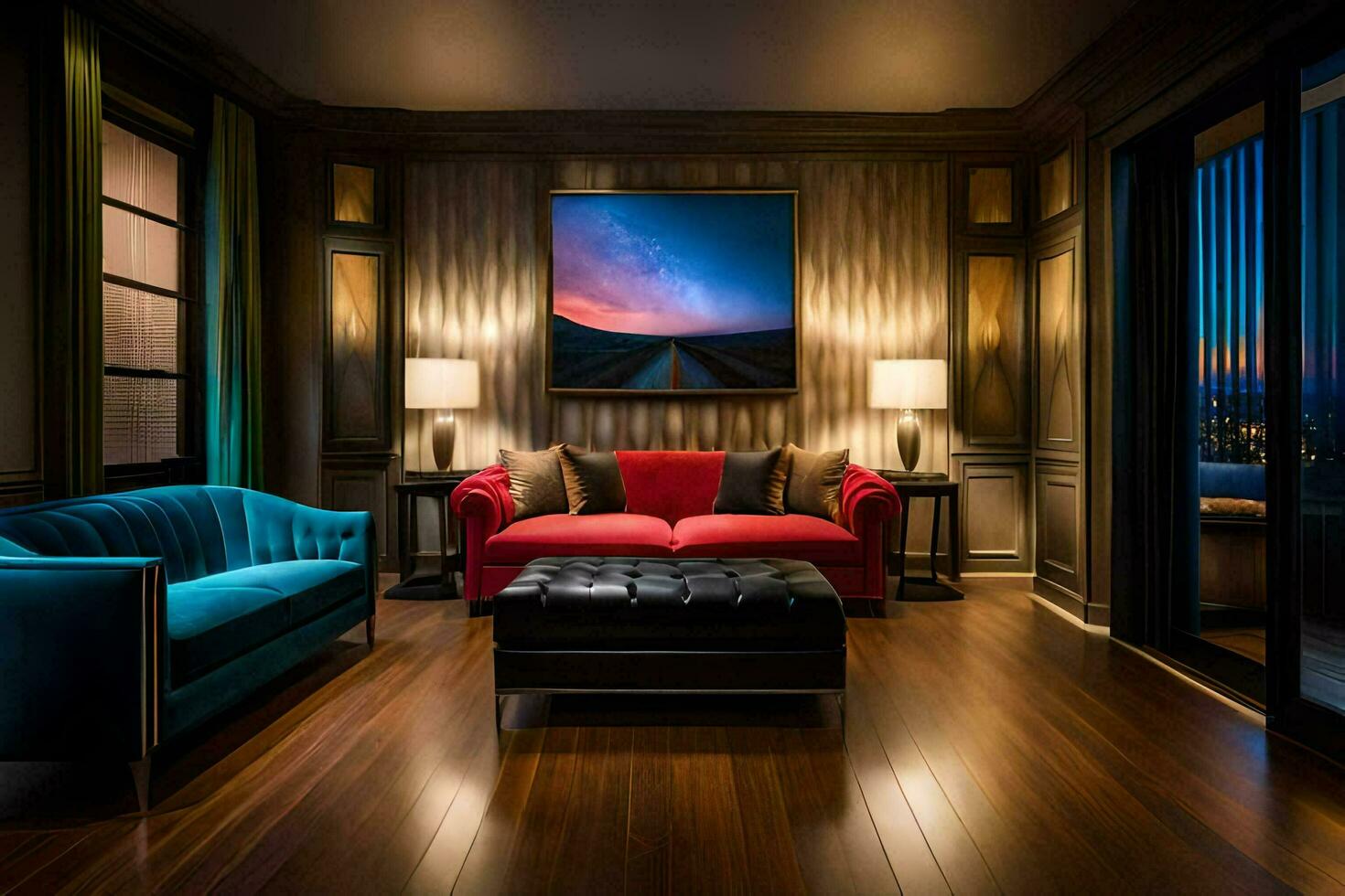 a living room with a large painting on the wall. AI-Generated photo