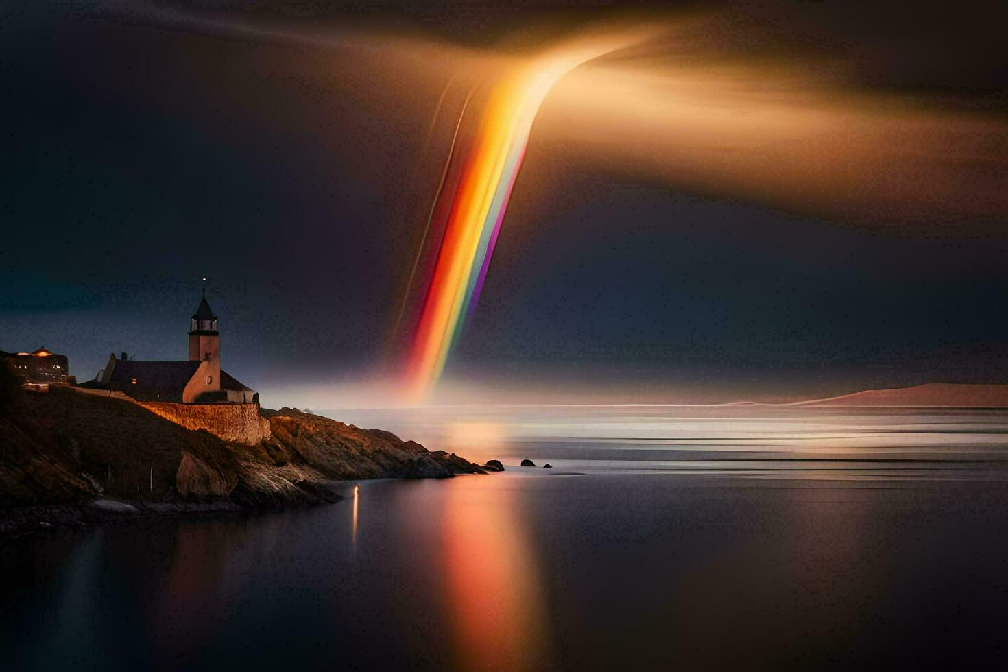 a rainbow is seen over a church and a lighthouse. AI-Generated photo