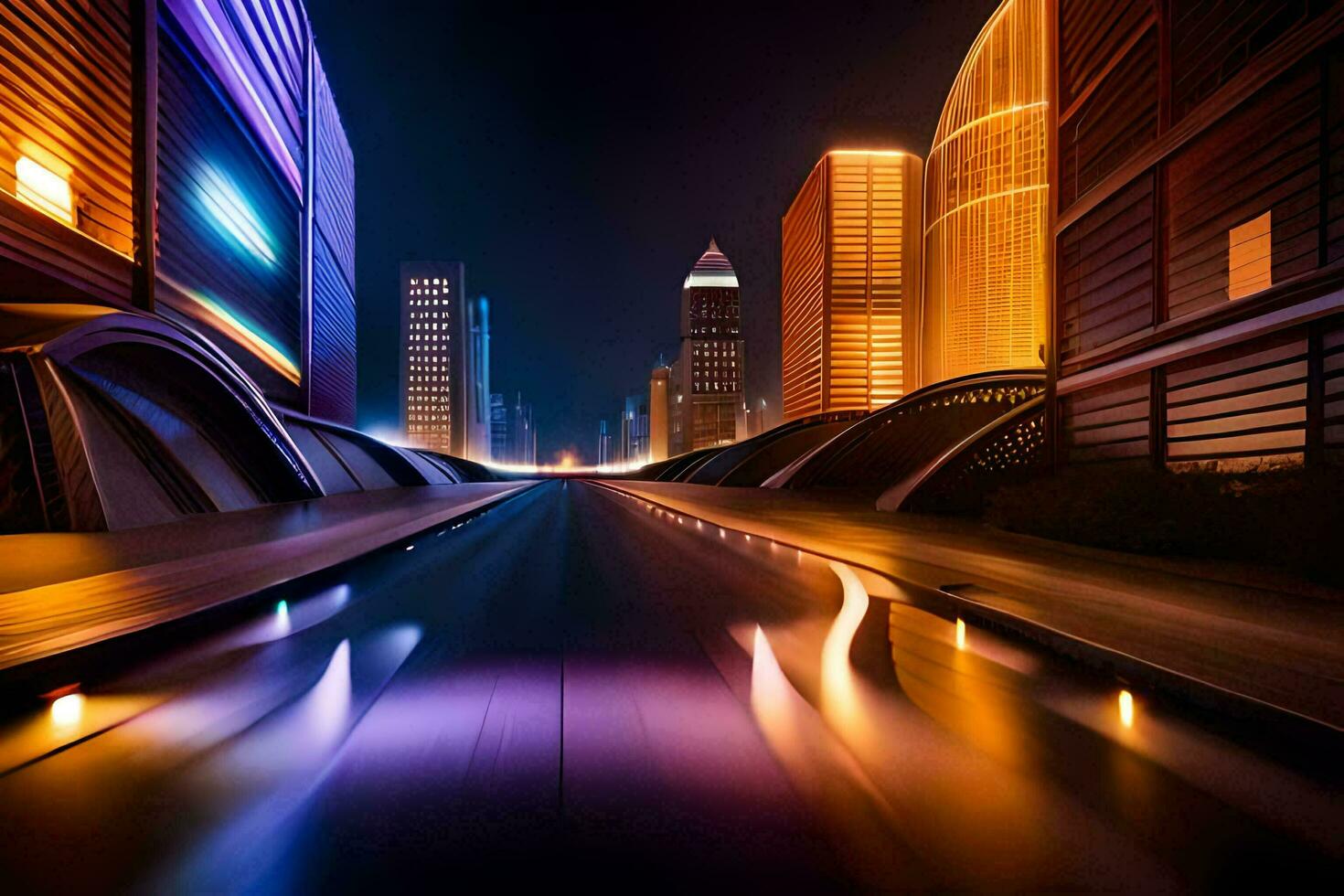 a city street at night with lights on the buildings. AI-Generated photo