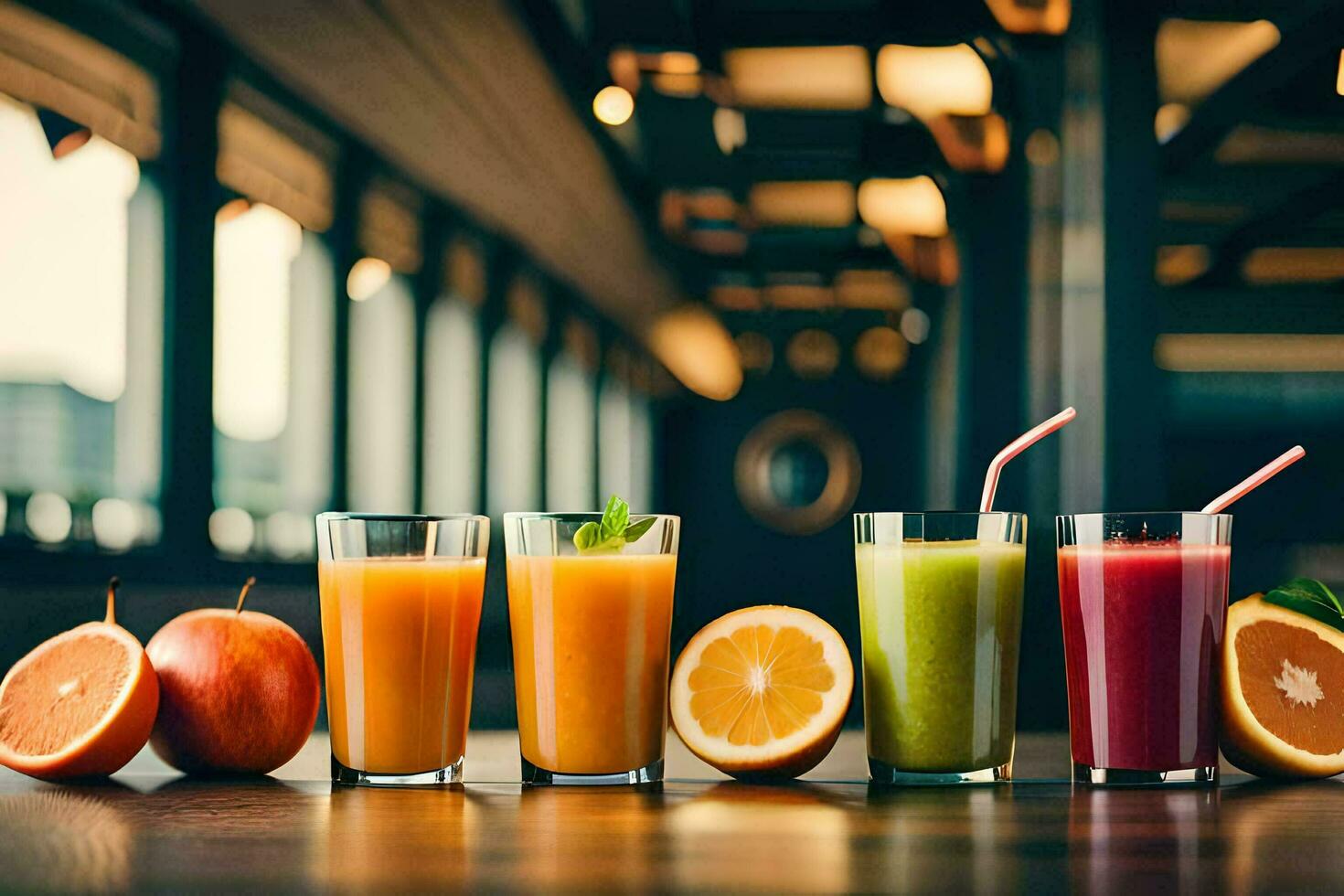 five different types of juices are lined up on a table. AIGenerated