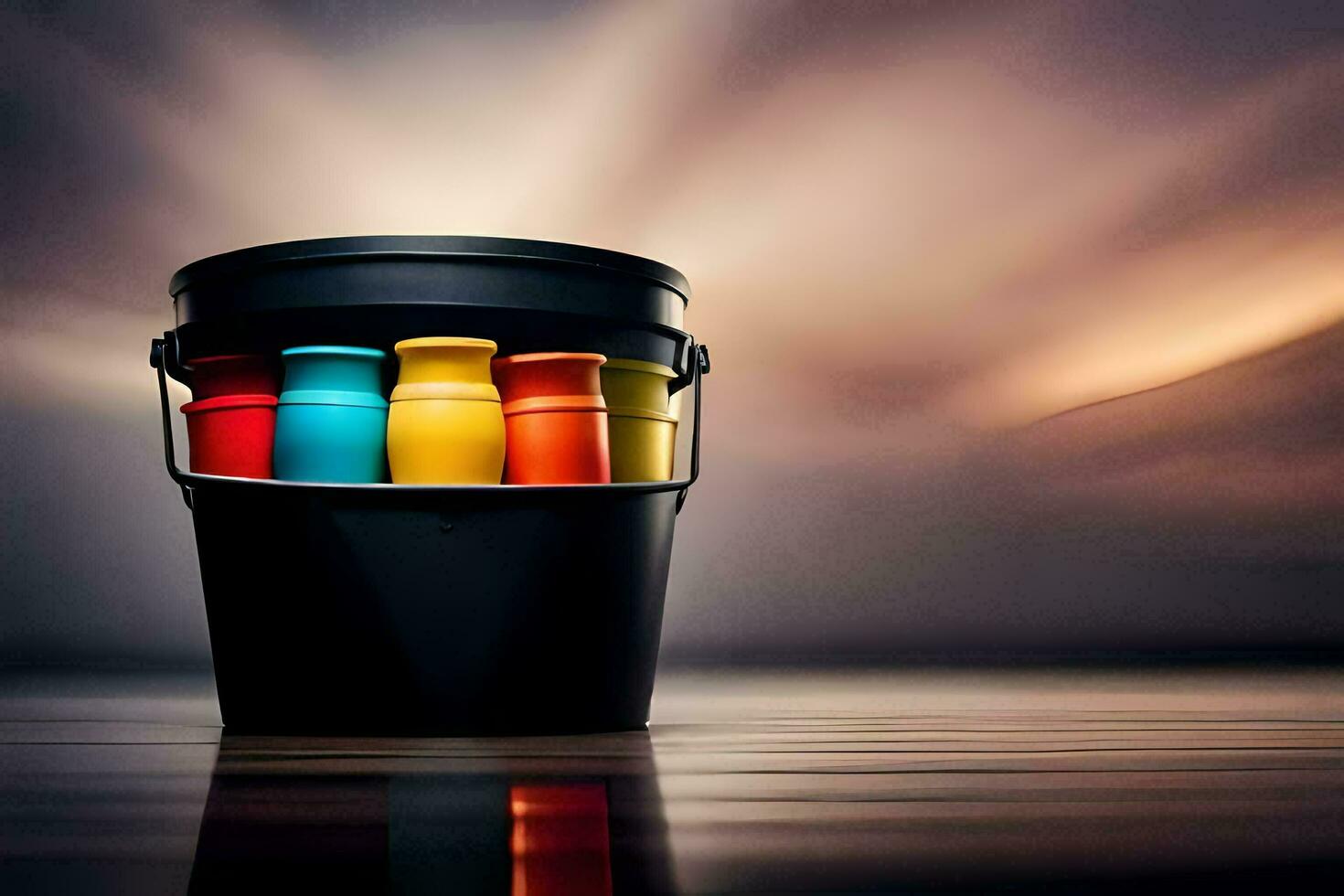 a bucket of paint with colorful paint on the floor. AI-Generated photo