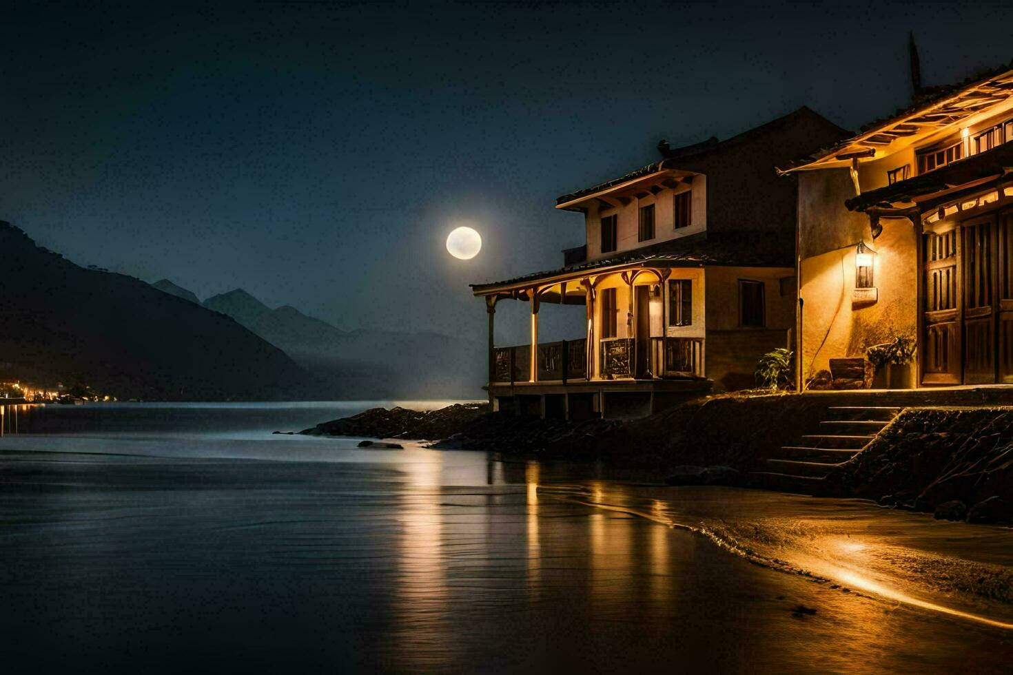 a house on the shore of a lake at night. AI-Generated photo