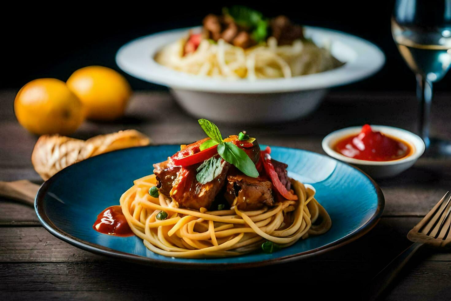 spaghetti with meat and tomato sauce on a blue plate. AI-Generated photo