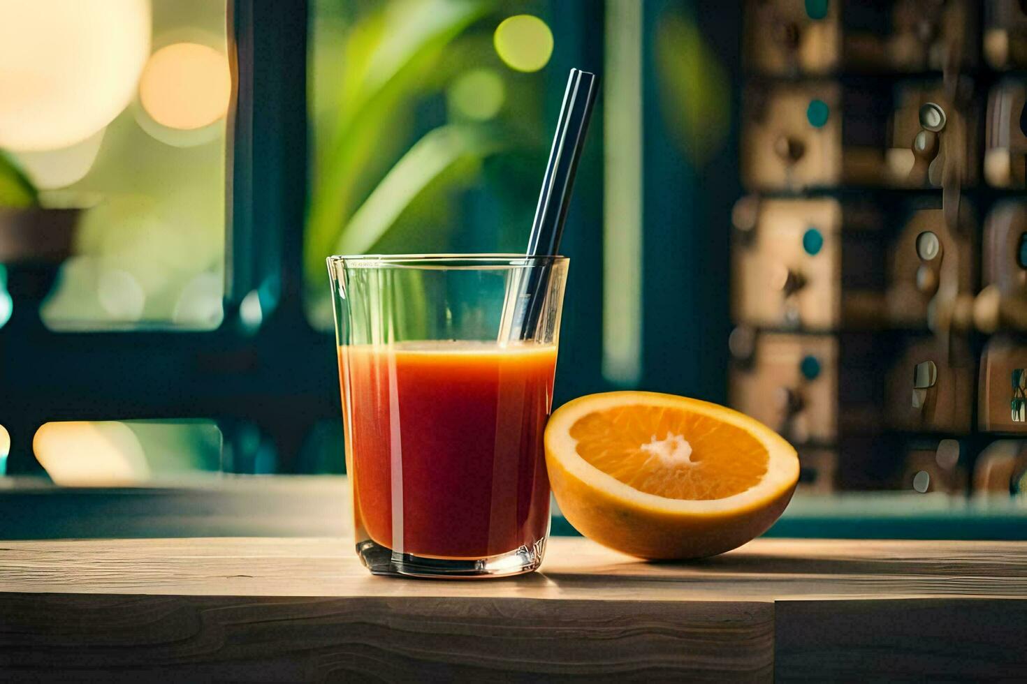 a glass of orange juice with a straw. AI-Generated photo