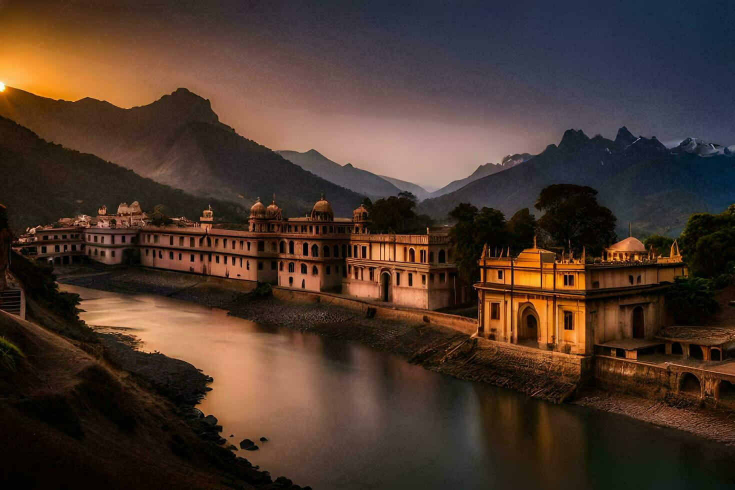 the sun sets over a river in india. AI-Generated photo