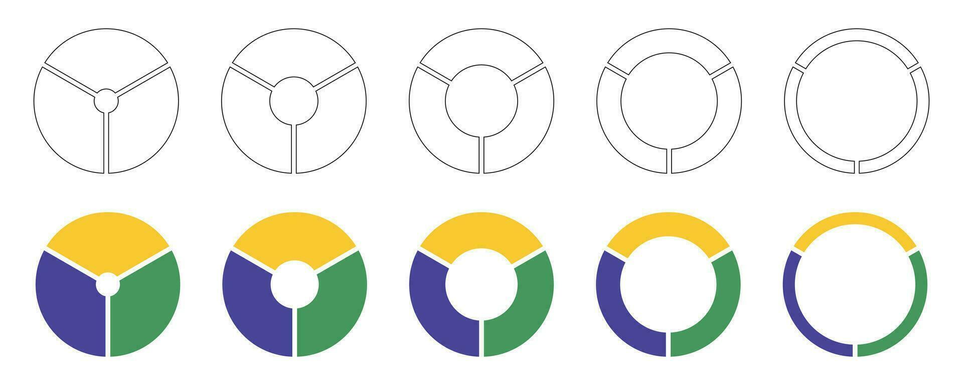 ruedas redondo dividido, Tres secciones. diagramas infografía colocar. circulo sección grafico Arte. tarta gráfico iconos rosquilla multicolor gráficos, pasteles segmentario en 3 igual partes. geométrico vector sencillo elementos.