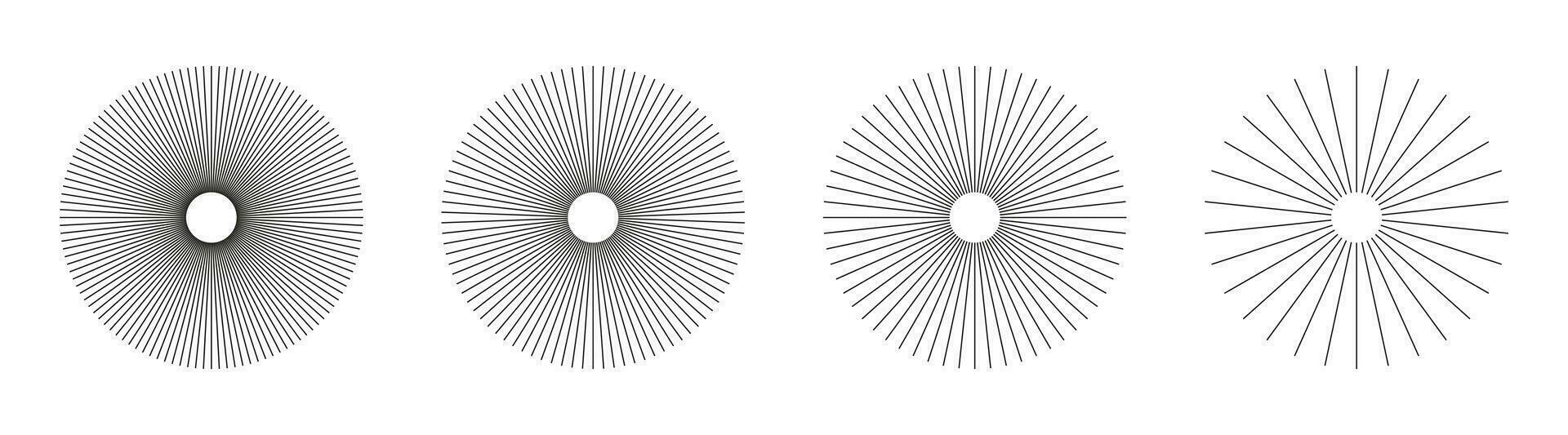 Radial circle lines. Circular lines elements. Symbol of Sun star rays. Flat design element. Abstract illusion geometric shape. Spokes with radiating stripes. Vector graphic illustration.