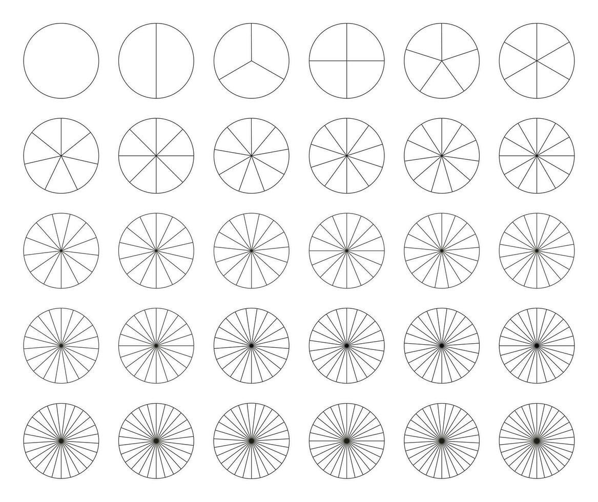Charts collection. Pie charts. Sectors divide the circle on equal parts. Set of pizza charts. Segments infographic. Diagram wheel parts. Presentation template element from 1 to 30 segments. Vector. vector