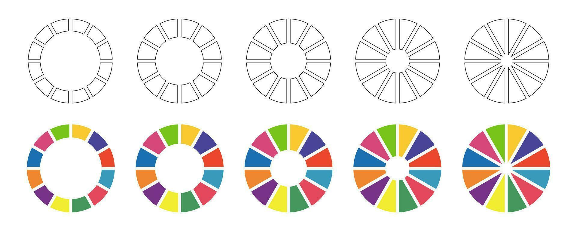 Donut charts, pies segmented on 12 equal parts. Diagrams infographic multicolored set. Wheels divided in twelve sections. Circle section graph. Pie chart round icons. Loading bars collection. Vector. vector