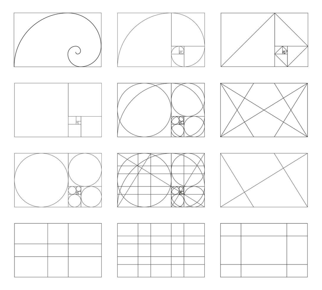 Golden ratio template set. Method golden section. Fibonacci array, numbers. Harmony proportions,  symmetry, balance. Outline vector graphic illustration. Geometry sequence grids.