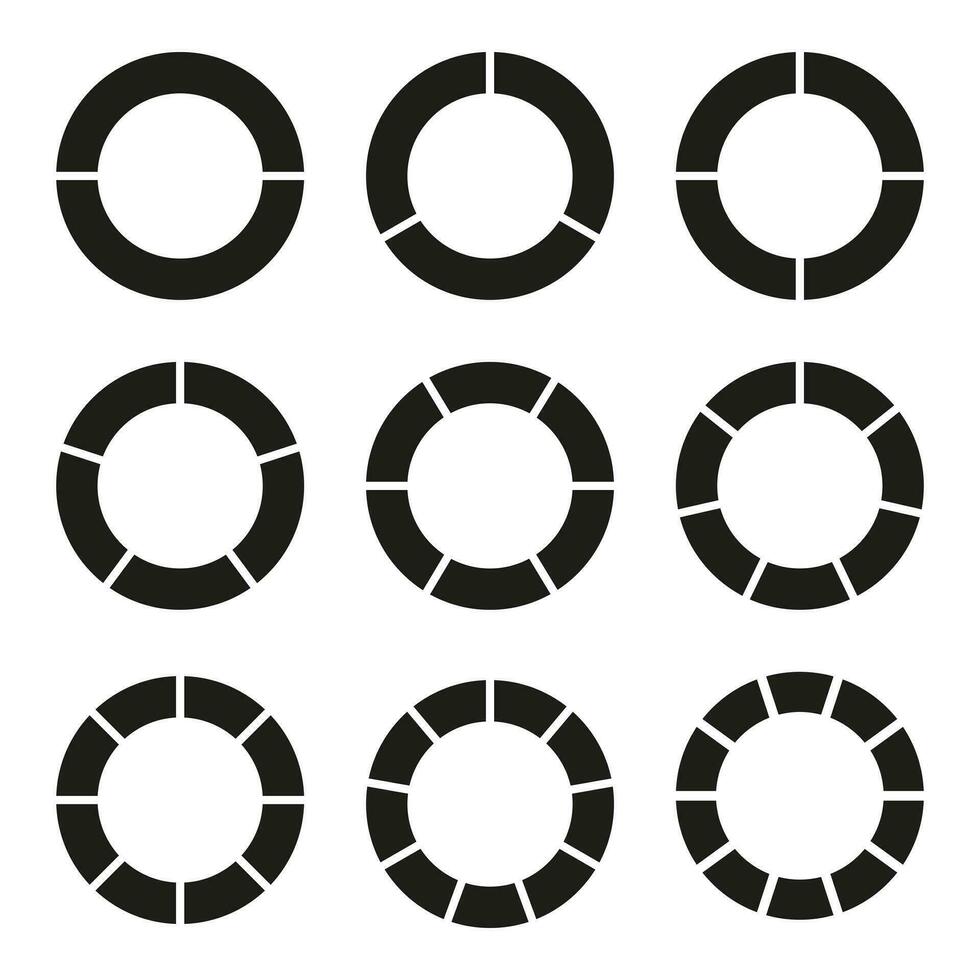 Infographic set. Circle division on equal parts. Wheel round divided diagrams with two, three, four, five, six, seven, eight, nine, ten segments. Coaching blank collection. Vector illustration.