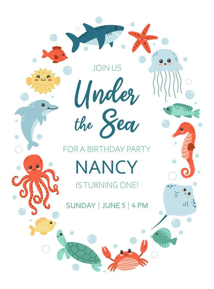 Birthday invitation party under the sea. Invitation card with cute sea life elements. Cartoon vector illustration