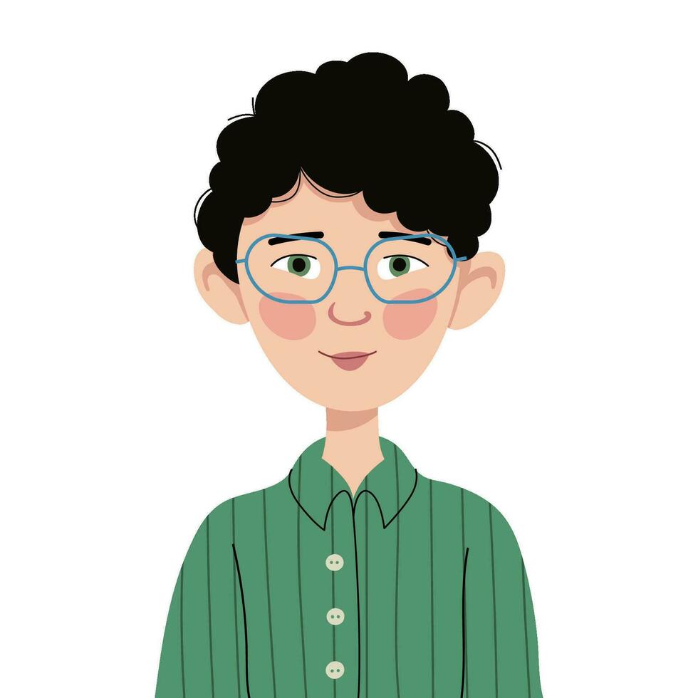 pequeño contento chico avatar. retrato de un lindo, sonriente niño chico con lentes. avatar cara de un colegial. vector para niños cabeza ilustración aislado en un blanco antecedentes. dibujos animados personaje.