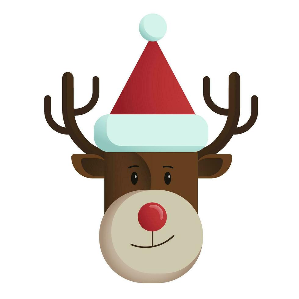 Smiling reindeer wearing Santa hat. Christmas Deer head for greeting cards, invitations, banners, and web design. Vector illustration EPS10