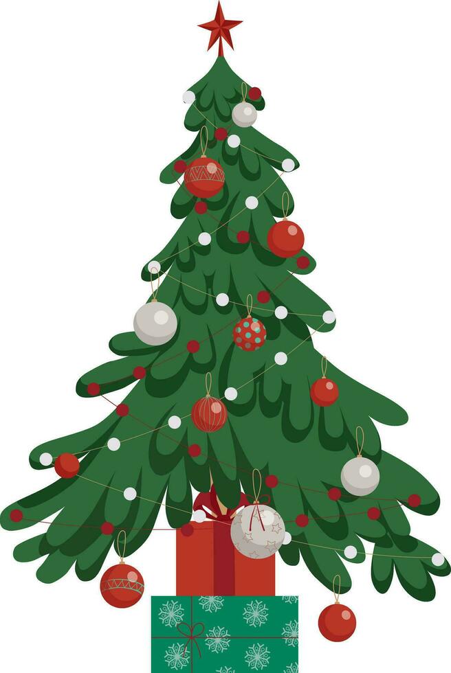 Green Christmas tree decorated with balls and garlands and gift-boxed presents. Christmas card, web design, poster, game, and banner design element. Template. Isolated vector illustration EPS 10.