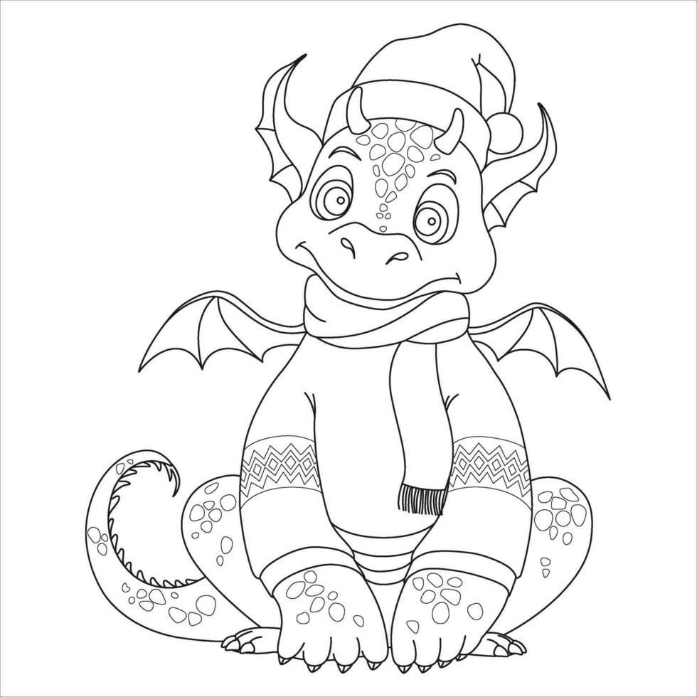 Cute little dragon. Coloring book for children. Baby Dragon wearing a Santa hat. Cartoon vector winter character illustration.