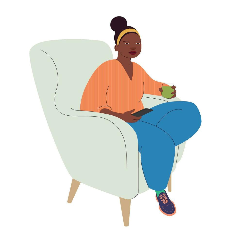 Woman with smartphone. African girl holing mobile phone in hands. Chatting online, sending messages concept. Vector character illustration for posters, banners, websites, and social media design.