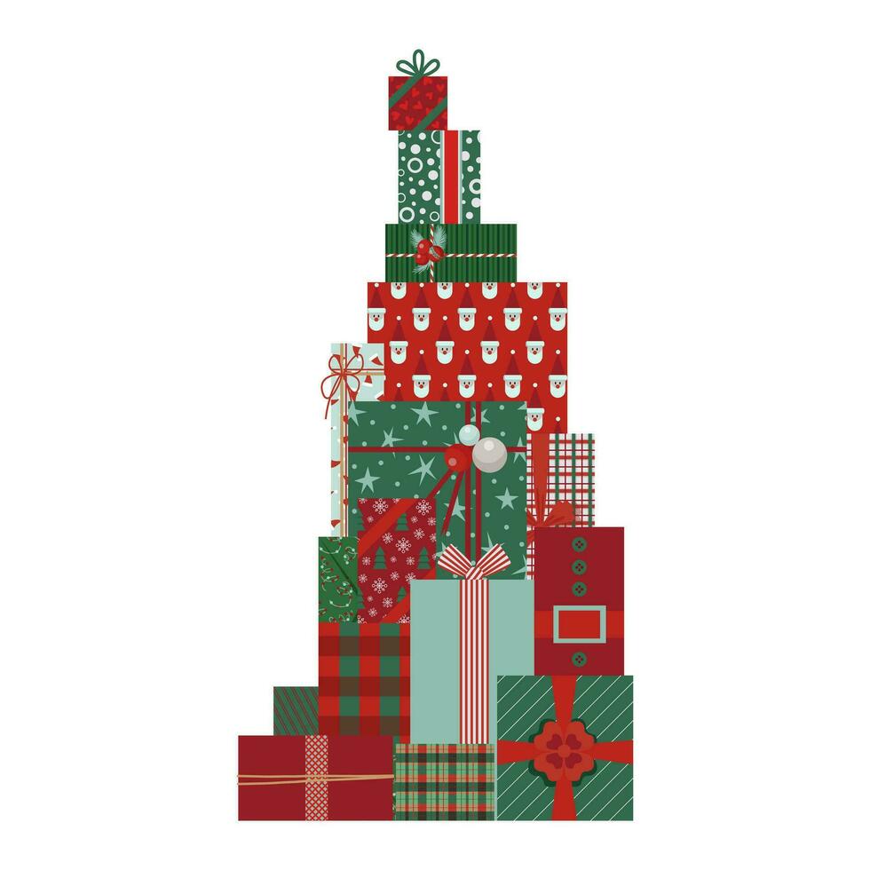 grande pila de envuelto regalo cajas Navidad regalos. presente cajas con cintas, arcos, y Navidad envase documentos. para saludo tarjeta, bandera, web diseño, icono, o logo. vector ilustración eps 10