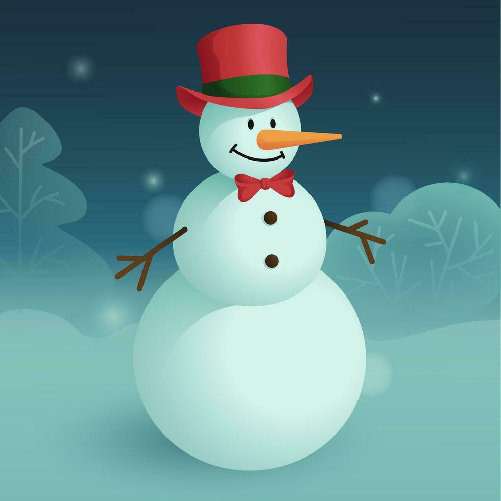 Snowman with red hat and bowtie. For Greeting cards, sale decorating and Christmas events. Vector illustration.