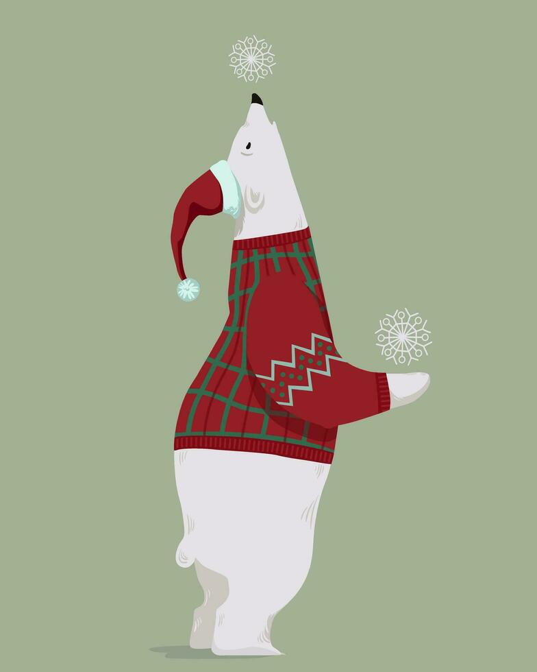 Christmas polar bear for greeting card. White bear with Merry Christmas and New Year. Playful cute bear with red hat, sweater, and snowflakes. Card design, gift bag, wrapping, packaging and box design vector